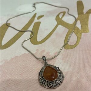 Sterling Silver Teardrop Amber Pendant Necklace - Brown